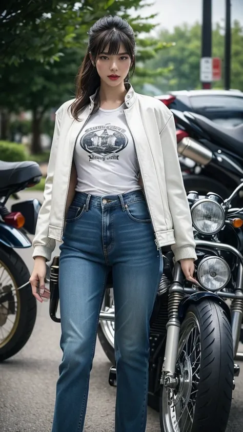 High resolution、masterpiece、Textured skin、high quality、Ultra high definition、Very detailed、woman、Center parted wavy hair、Looking at the camera、Large Breasts、Perfect Style、Long legs、Biker、He is wearing a leather jacket with a logo, a white T-shirt, and jean...