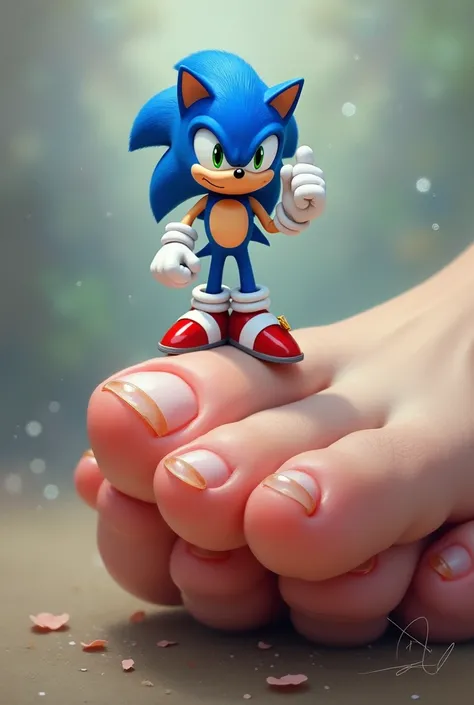 Make a painting of sonic tye hedgehog on someones big toe nail