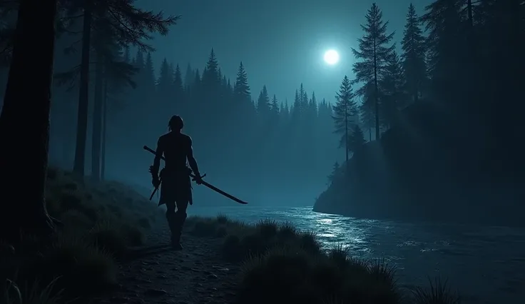 Generate 3d animated image of a deep forest 
And a indian worrier walking in the dark night sealout shot with long sword shadow
Beside a river less hair