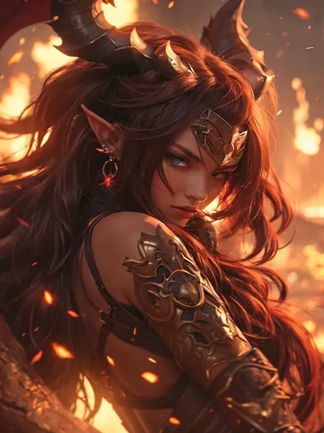 A fierce and beautiful young female Elf with long pointy ears, devil horns and long flowing locks of dark hair.  wearing an armored Attire adorned, in a burning city,  UHD, Beste Qualität, Genau, fair complexion, Leichtes Lächeln, Ernst, glowing Eyes