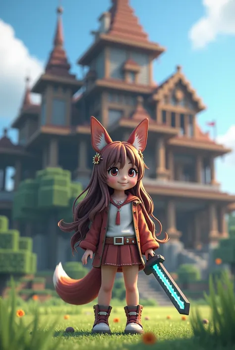 (4k, HD, RTX, minecraft world, big house), anime girl, minecraft, house in background,diamond sword in hand,Длинные волосы, Улыбаться, Высокая детализация, Груди, Уши кошки, Уши лисы, Размытие фона, 