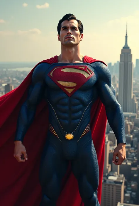 Classic Superman Pose: "A powerful image of Superman standing proudly on a city rooftop, his iconic red and blue costume gleaming. His cape flows dramatically in the wind as he gazes confidently over the city."
