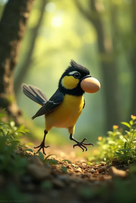 Pendulin tit Bird running with her eggs in the forest 
