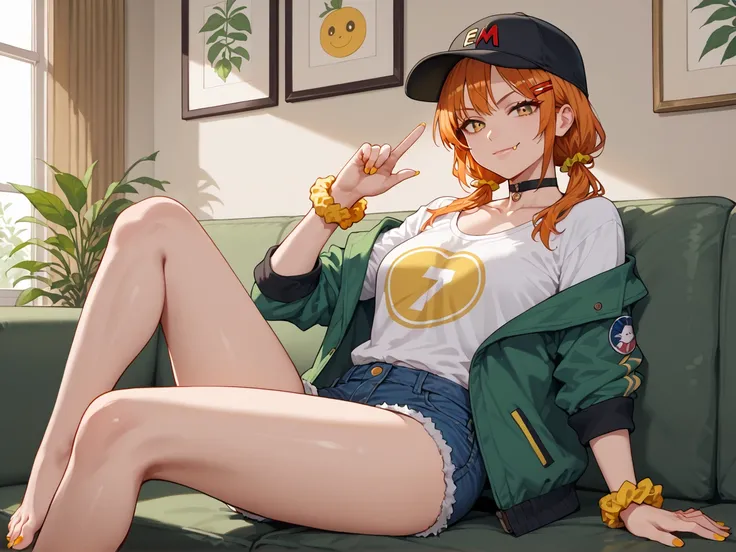 score_9, score_8_up, score_7_up, (1girl, solo), orange hair, medium hair, bangs, low twintails, yellow eyes, baseball cap, black baseball cap, yellow scrunchie, red hairclip, nail polish, toe nails, yellow nails, wrist scrunchie, choker, smile, smirk, fang...