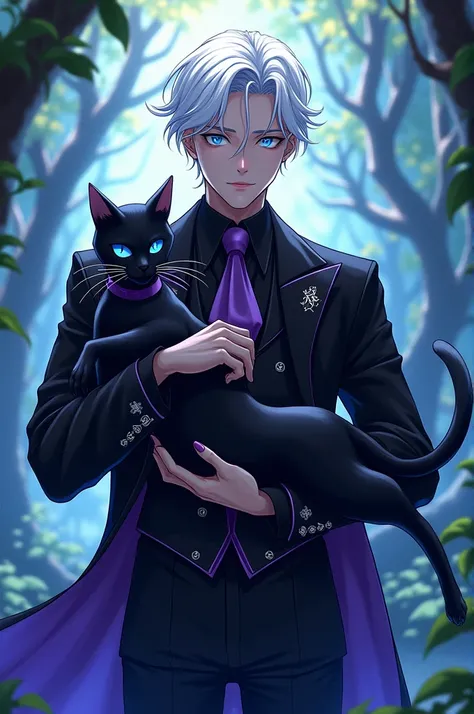 MAKE ANIME WALLPAPER OF  MAN FAN ART BLACK CAT WEARING BLACK AND PURPLE SUIT 
WITH WHITE HAIR AND BLUE EYES  IN BEAUTIFUL SCENERY MAKE THE MAN STAND WHILE TRYING TO HOLD THE CAT  make female version of the same 
