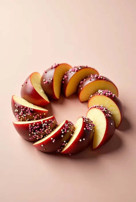 Apple sliced ring shape coated with half of chocolate, with a sprinkles on top, the product name is ChocoApple Delight 

