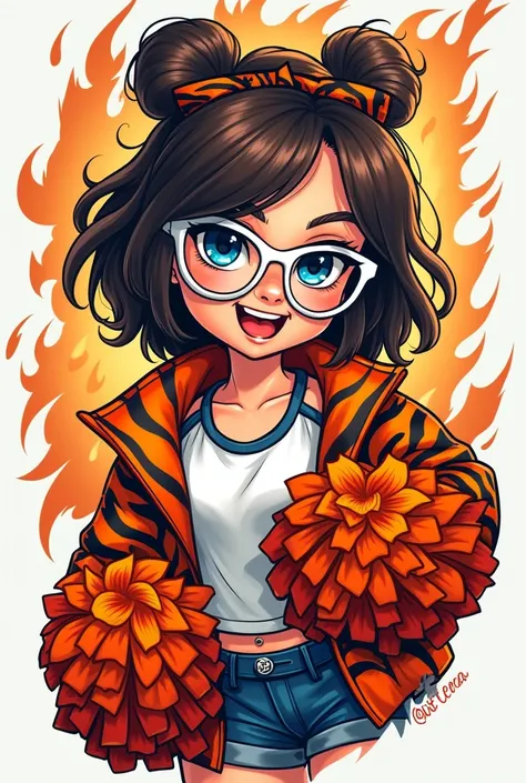 Create a tattoo image with a tween Bengal cheerleader with dark brown hair and blue eyes white glasses