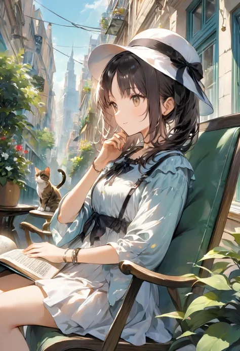 ((Best Quality))、((masterpiece))、(detailed)、8k、On the terrace of a retro cafe、Elegant woman reading a book with a cup of coffee。At her feet and on the chair、Several cats relaxing and cuddling together。The woman is wearing a hat and sunglasses、Casual and so...