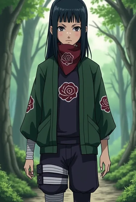 Female Naruto original character, Yamanaka Clan, long dark ans silk ponytail, bangs,black dark eyes, bandana of the leaf village in neck, overall in dark purple and green moss,bandage around her braces and legs, cardigan with the Yamanaka simble, Full body...