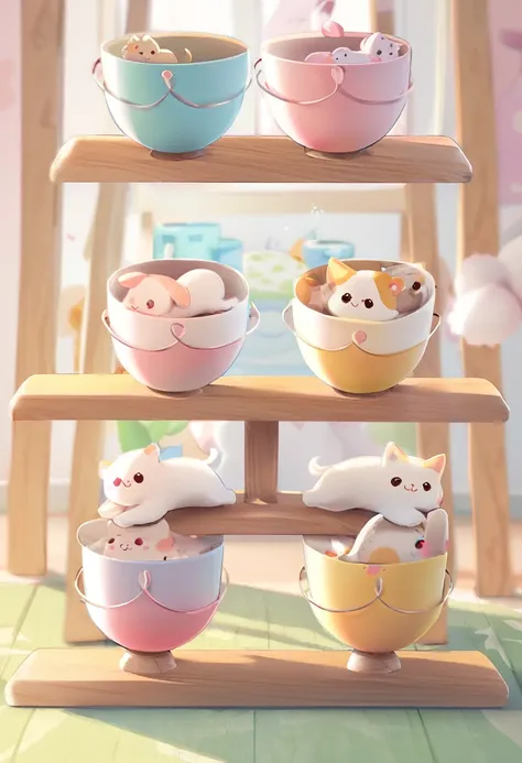 kawaii, a cute illustration of a balancing toy with buckets on both ends, baby animals inside, playing while balancing