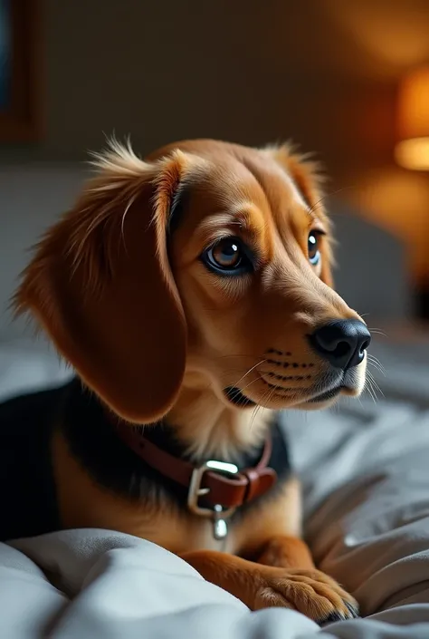 Photograph of the head of a brown Beegle 3 colour from the side with a leather collar in the master bedroom, head in focus, he has dark brown eyes, set at night, fine, fluffy fur stroking, detailed eyes, stunning lighting