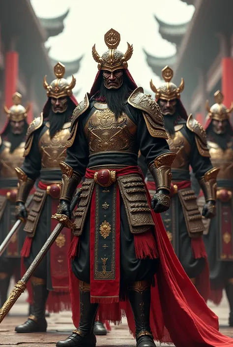 5 man with chinese-style weapons and armor clothing and weapons, helm and mask, has to be a complete human, no horns, inhuman eyes, etc. the weapon must be a sword and both your weapon and your armor must have gold details