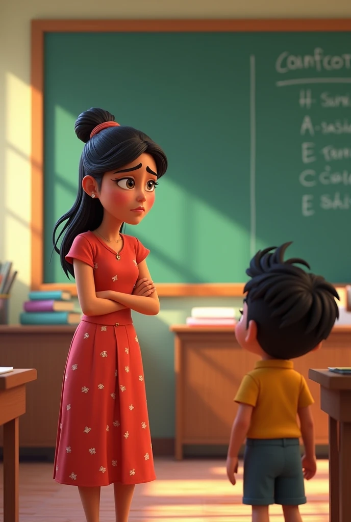 The teacher, still annoyed but calm, instructs Pappu to give the answer in Hindi. She is standing with her arms crossed."
Generate in cinematic 3D cartoon style 