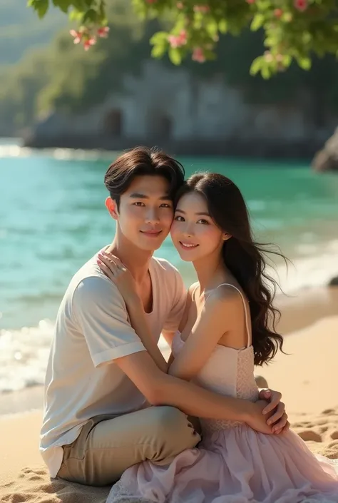 A couple of Asian lovers with Korean faces, with detailed images that look real, with a beautiful beach background with small waves washing over the edge of the beach, looking at the camera iornib photographer&#39;s image looks real, 1 man and 1 girl