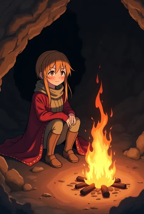 Anime cell-shaded scene of Frieren from Sousou no Frieren in Marcilles clothes, sitting by a glowing campfire inside a cave. The fire casts dynamic shadows across her outfit and the rocky cave, while the background fades into the darkness. The focus is on ...