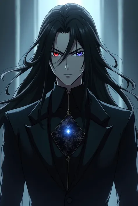 Gray skinned man with blue and red eyes, long black hair who wears a black suit and has a black gem on his chest and is angry with his anime style glowing eyes.