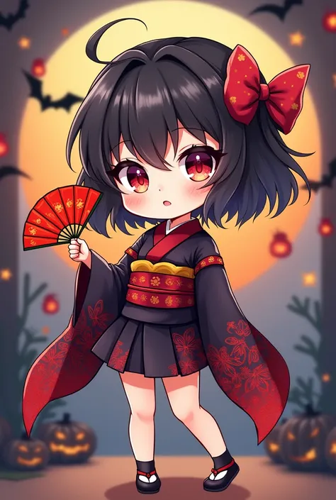 vẽ nhân vật nữ giống game ninja school online style chibi , wearing stylized kimono , beautiful face and short skirt , size 960x355 , The background theme is Japanese and Halloween., fan character hand, fan