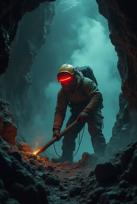 A miner is working inside a dimly lit cave or mine, wearing protective gear including a helmet with an integrated safety device. The environment is dark and claustrophobic, with rocky walls and narrow passages. The miner is using a tool, like a pickaxe or ...