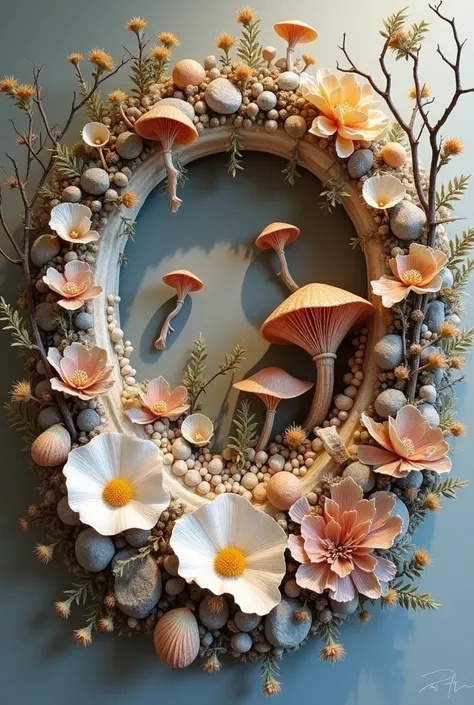 Create a semi-relief work using natural materials such as shells, fungi, silk, stones, branches, etc.，It can be an installation without human figures.，
Artist Claudia Biehne Style，Rich models