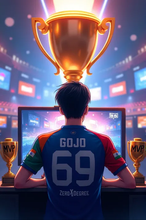 A Anime Man is playing Pubg mobile game facing towards big trophy with pc in Esports arena, wearing a Esports jersey kit number 69, has "GOJO"written on his jersey backside With Team Name " ZEROxDEGREE" and has logo of india flag on his arm has small troph...