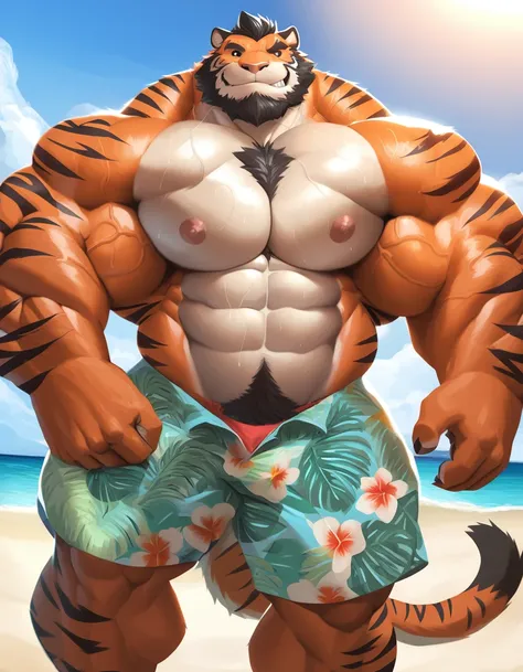 bara tiger, fur, very large pecs, mass, strong physique, very muscular, perfect anatomy, masterpiece, black beard, black eyes, s...