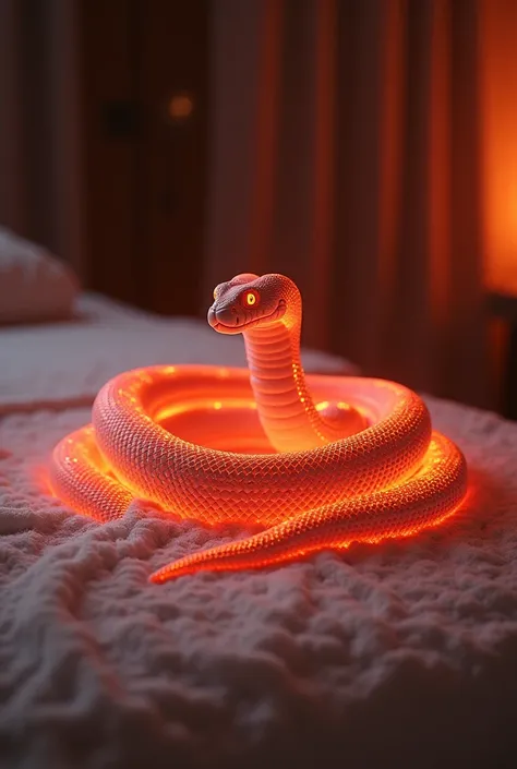 A snake is shining infrared light on its back、The background is the bed in the massage room、The snake&#39;s face looks good