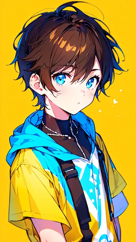 [(YELLOW BACKGROUND:1.5),::5], ((((masterpiece)))), high quality, ultra very high resolution, full color, (((solo))), ((little boy)), ((mens short brown hair)), (Blue eyes), anime, ((upper body)), Summer clothes, black parka, 