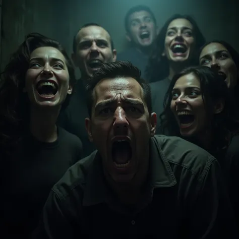 a frightened man surrounded by laughing friends, extremely detailed facial expressions, high quality, realistic, horror, dark moody atmosphere, dramatic lighting, cinematic composition