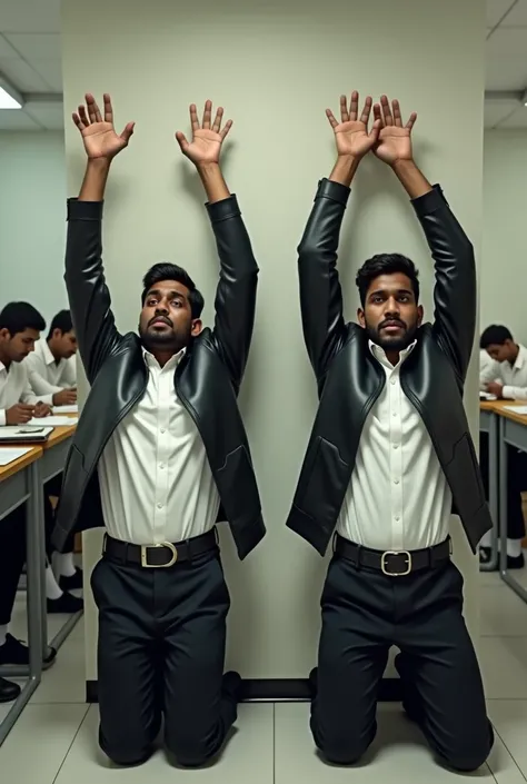 Side view of  two handsome looking  Sri lankan 20 year old males kneeling straight in a row again the wall the technical College classroom with their hands stretched  so straight high up above their heads with palms open wearing white long sleeve shirt bla...