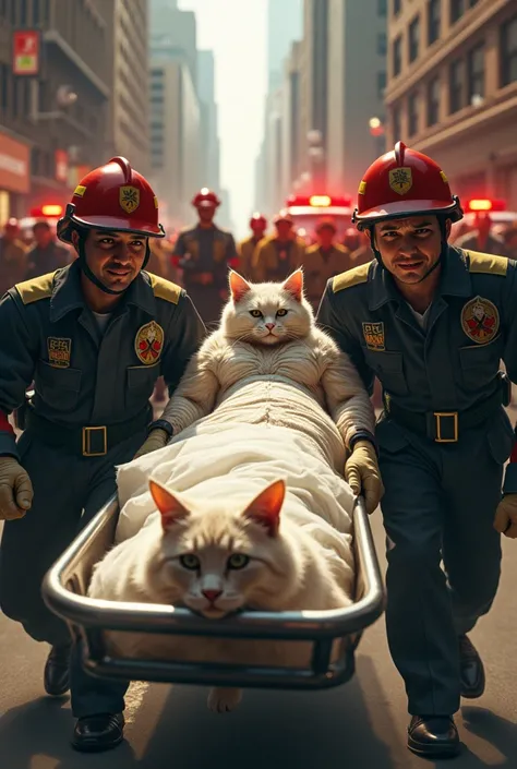 6. The Bride Cat is Rushed to the Hospital: Scene: Firefighters are seen carrying the injured bride cat on a stretcher, taking her to an ambulance. The groom cat is following, visibly distraught, as they head toward the hospital.