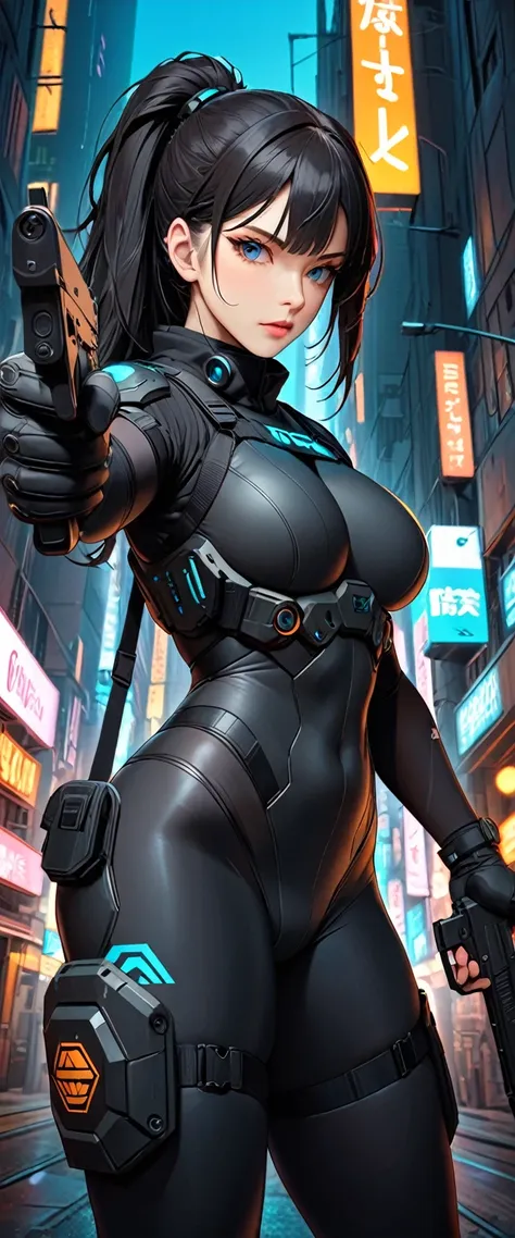 (masterpiece:1.2,Highest quality,Highest quality,Very detailed:1.2),8k,wallpaper,(One Woman),(Future female Japanese SWAT team member),(((pointing pistol:1.6))),(Extremely form fitting black tactical bodysuit),(Tactical Headset),(Tactical Holster),(Tactica...