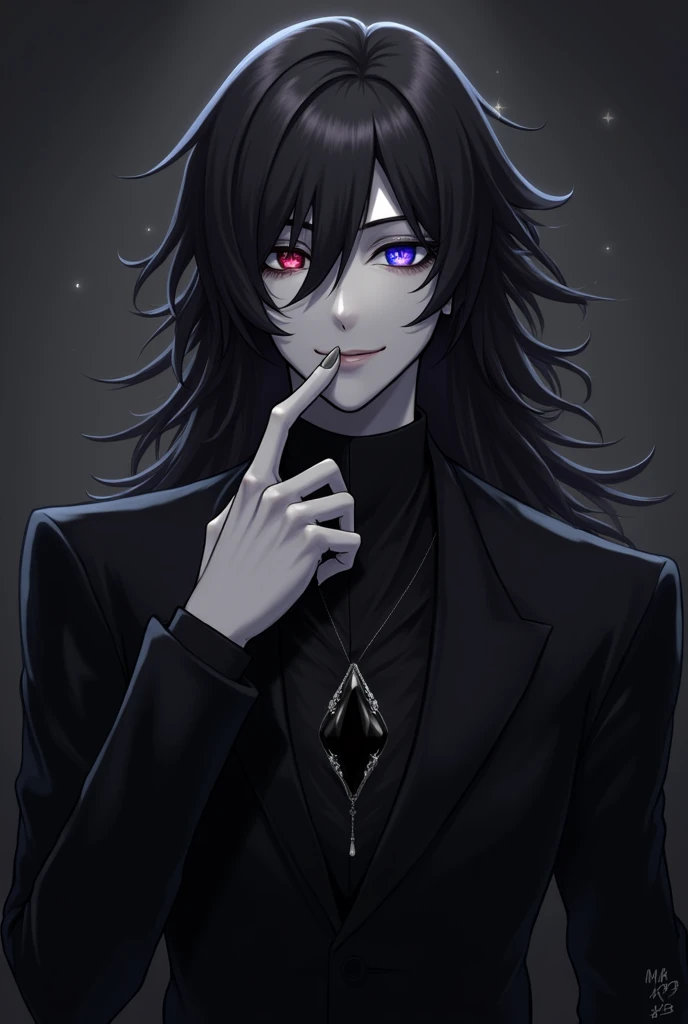 Gray skinned man with blue and red eyes, long black hair wearing a black suit and has a black gem on his chest while on his shoulder he is laughing softly with his anime style sparkling eyes.