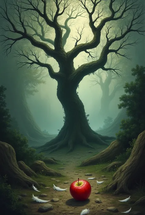 Image of the Garden of Eden after all. A scene where the tree is dying melancholy and the only vivid color it has is that of a bitten apple under the tree With some feathers on the ground 
 