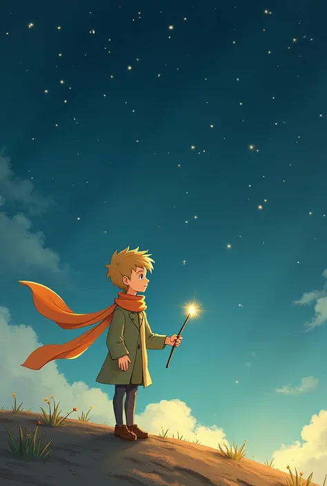 Create an illustration for the book The Little Prince. Boy with a scarf, which flutters in the wind and the starry sky , and a magic wand in hand