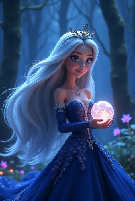 Character Name: "Luna"
"Create a mesmerizing Pixar character named Luna, embodying the essence of the night. Luna has long, flowing silver hair that glimmers like moonlight, cascading down her back. She wears a stunning midnight blue gown with intricate la...