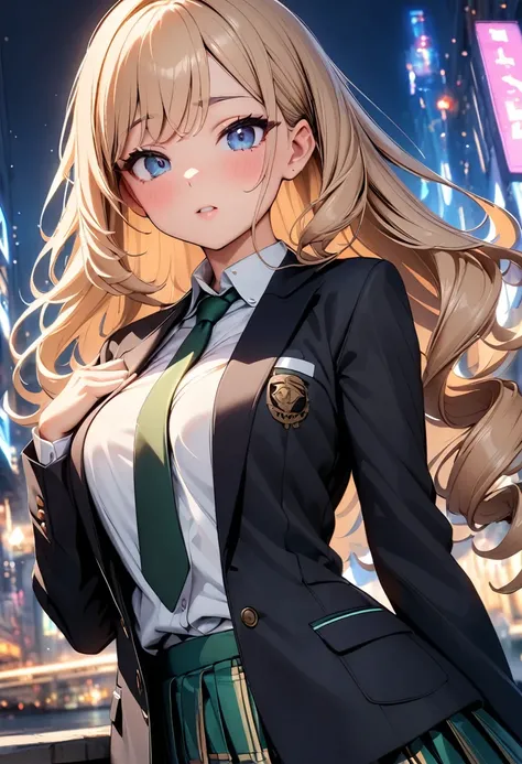 (Highest quality:1.2, 4K, 8k, Very detailed, Latest, Vibrant, Attention to detail, masterpiece:1.2, Highest quality, Best aesthetics), (((1 girl))), JK, blazer, White shirt, Green tie, Checkered pleated skirt, Shyness:1.2, Blushing, Purse your lips, (Light...