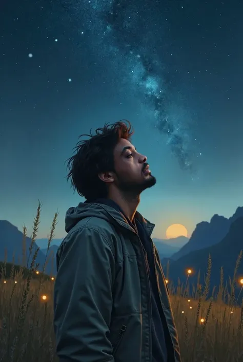 Realistic man looking at the sky 