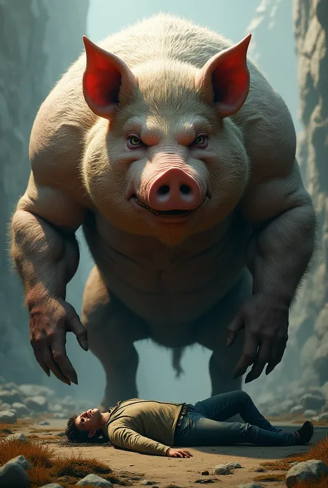 a large pig standing over a man laying on the ground, a digital rendering by Luis Miranda, zbrush central contest winner, fantastic realism, rendered in maya, deviantart hd, behance hd