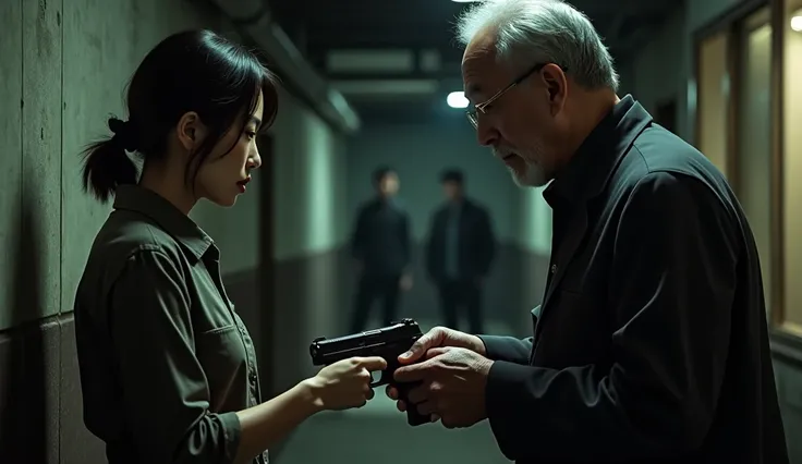 A Japanese woman receiving a gun from an older man