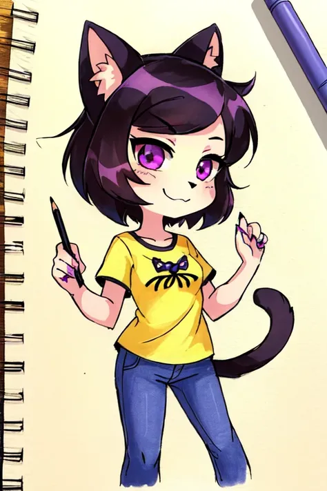 drawing of a girl with a cat on her head and a yellow shirt, colored drawing, full color drawing, color drawing, colored sketch, anthropomorphic!!, professional furry drawing, colored pencil on paper, an anthro cat, muffet from undertale, chibi monster gir...