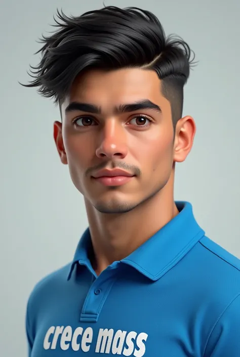  Create a realistic young Latino with an electric blue polo shirt collar. besides, The polo shirt must have the phrase " CRECE MASS" printed on the chest . no beard .
