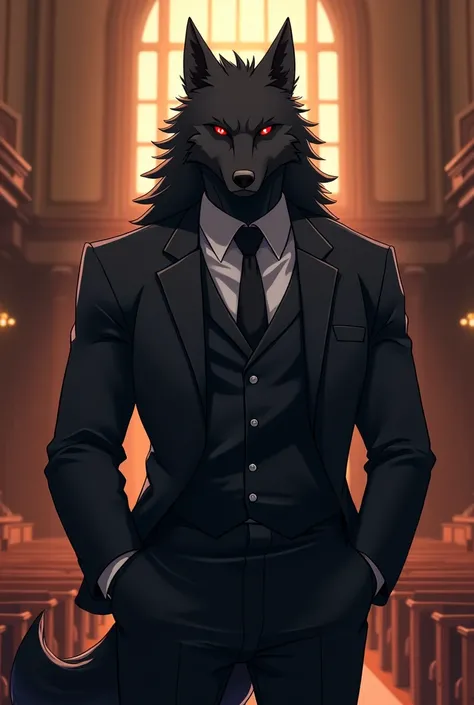 furry avatar, black wolf with red eyes, wearing a black suit. The background is a courtroom. draw style: anime