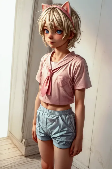Anime style, Highres, Masterpiece, Best quality at best, Best Quality, hight quality, hight detailed, 1boy, blonde boy, perfect boy body, cute boy, detailed light blue eyes, short hair, messy hair, bangs, pastel rainbow inner hair color mesh, band on head ...