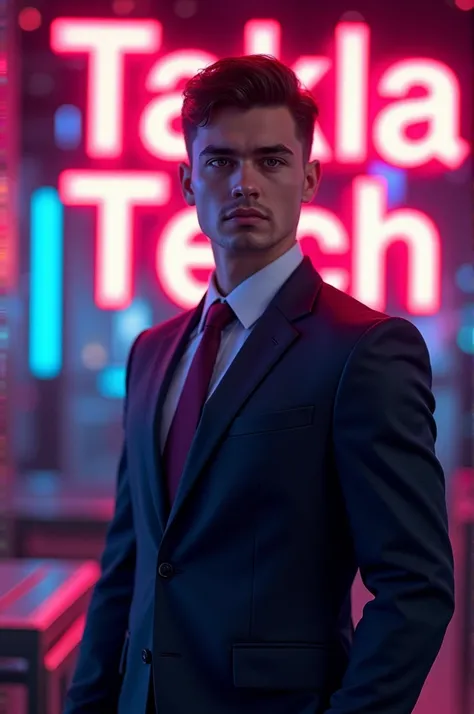 A " YOUNG BUSINESS MAN BOY" FRONT FACE AND BACKGROUND NEON WRITE"TAKLA TECH" 