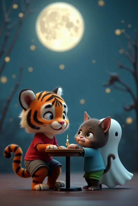 Inside the shop, the cute tiger cub and the cute kitten are sitting on chairs with a table between them, and a ghost is standing beside them. In a 3D Pixar style, there is a cute tiger cub and an adorable kitten. The kitten is light dark brown, and the tig...