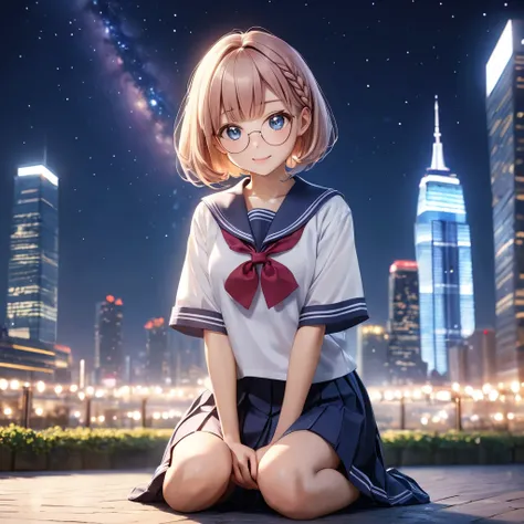 A cute young girl with milk tea beige angled short bob hairstyle. One side styled with a braid, sitting in a "seiza" pose. She is wearing a cute oversized school uniform with thin-framed glasses. Her eyes are pink and sparkle like a galaxy. She has a gentl...