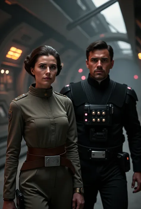 Princess Leia on board Rebel ship with Medium build male with short black hair wearing black uniform  