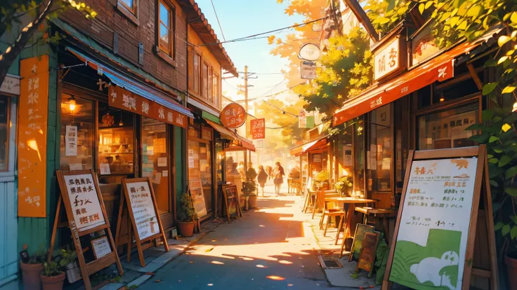 autumn leaves, coffee shop facade, red awning, sidewalk covered with leaves, large tree with orange foliage, outdoor cafe menu board, urban setting, warm lighting, shadows cast from tree, cozy and inviting atmosphere, bright blue sky

caption this image:
I...