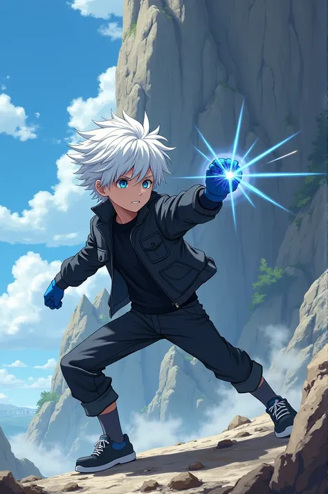 Image of a white-haired anime boy with clear blue eyes wearing a black jacket with pockets wearing black trousers wearing blue gloves punching a cliff 