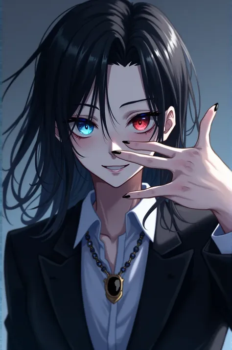 Gray skinned man with blue and red eyes, long black hair wearing a black suit and has a black gem on his chest while the man is smiling kindly while covering his face anime style.